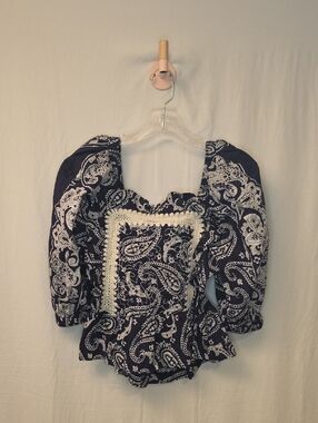 Sea Navy and White Paisley Square-Neck Blouse with Lace Trim And Back Cut Out